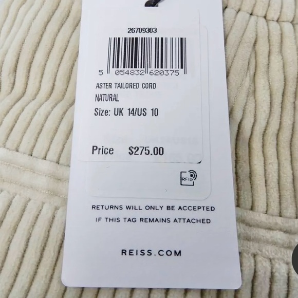 REISS Beige Cream High Waist Corduroy Tailored Pants US 10 UK Ankle Classic NWT - Picture 7 of 7